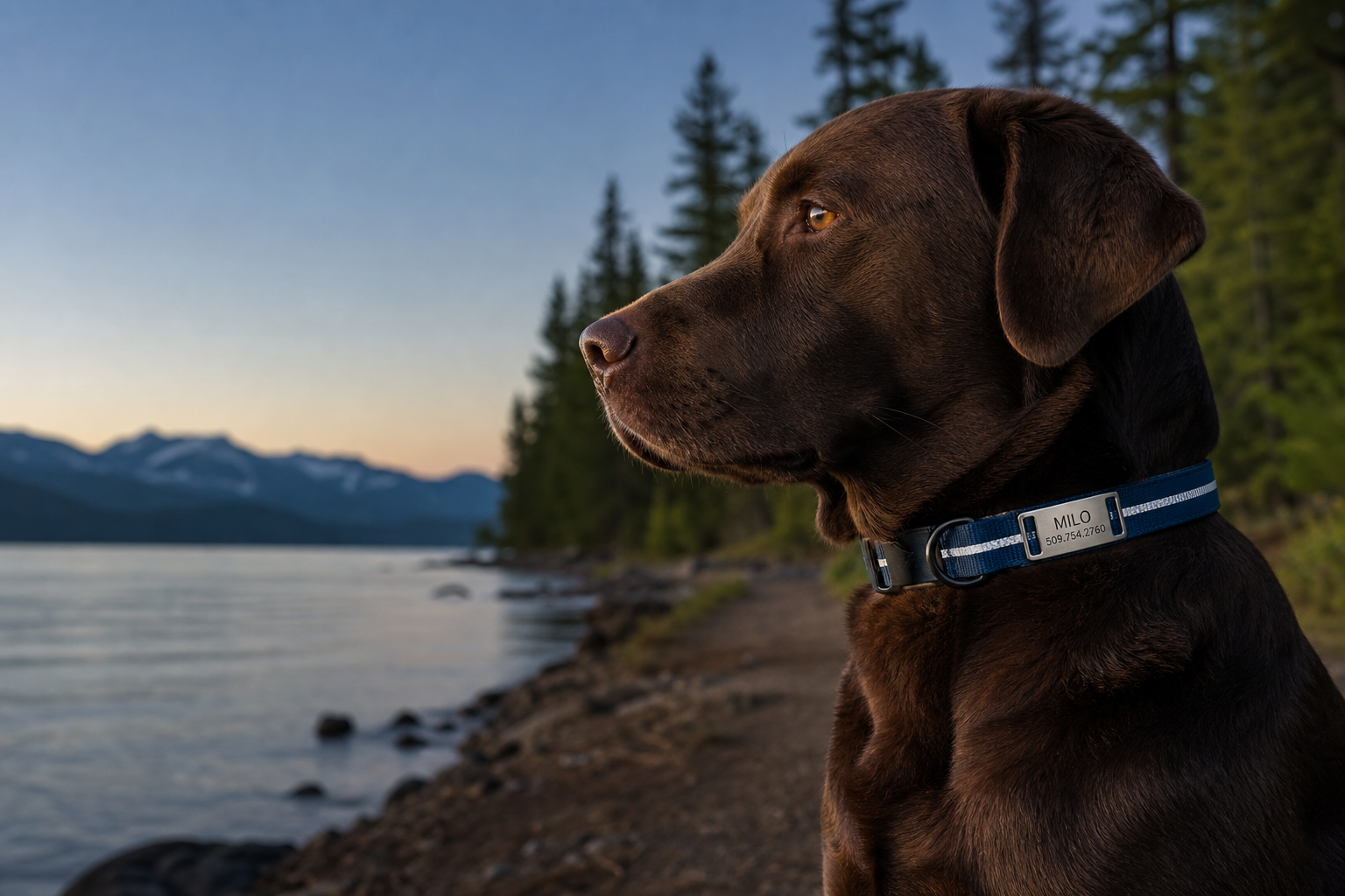 Chocolate Labrador wearing a blue personalized reflective waterproof OPTCLA dog collar