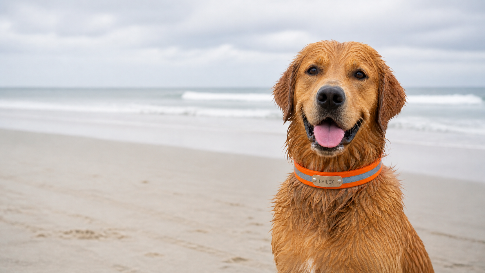 Wet golden retriever wearing an orange personalized reflective collar with engraved nameplate at the beach